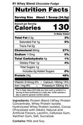 Nutrition facts for Rule One Whey Blend Chocolate Fudge showing protein, calories, and serving size.